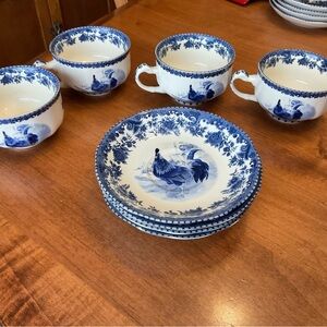 William James Farmyard Rooster Blue toile teacup set of 4